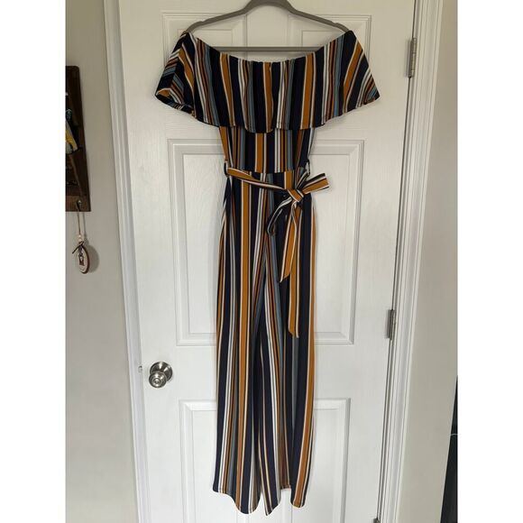 Almost Famous Off the Shoulder Stripe Ruffle Jumpsuit Blue Yellow White Small - Picture 1 of 12
